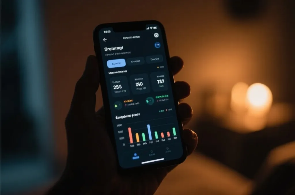 A smartphone screen showing a dark mode interface with clean sports data visualizations, held in hand at night with soft warm ambient lighting