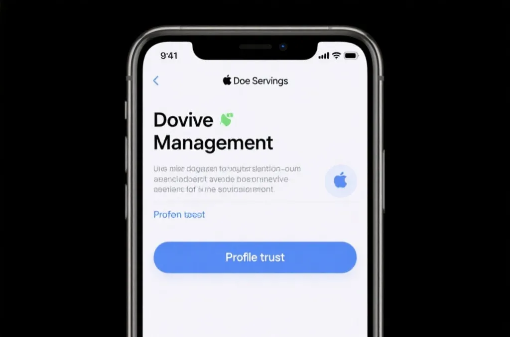 Apple iOS device settings screen showing device management and profile trust instructions